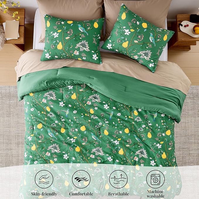 MUSSEL Queen Size Comforter Set 3 Pieces,Green Vintage Botanical Floral Pattern Bedding Comforter Sets,Boho Whimsical Modern Printed Design Cute Seersucker Bedroom Comforter and Shams