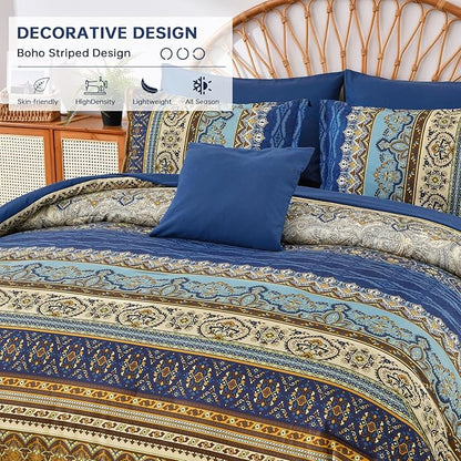 Cottolester Boho Queen Comforter Set 8 Pieces,Brown Blue Bohemian Comforter Paisley Striped Bed in A Bag,Soft Microfiber Bedding Set for All Season