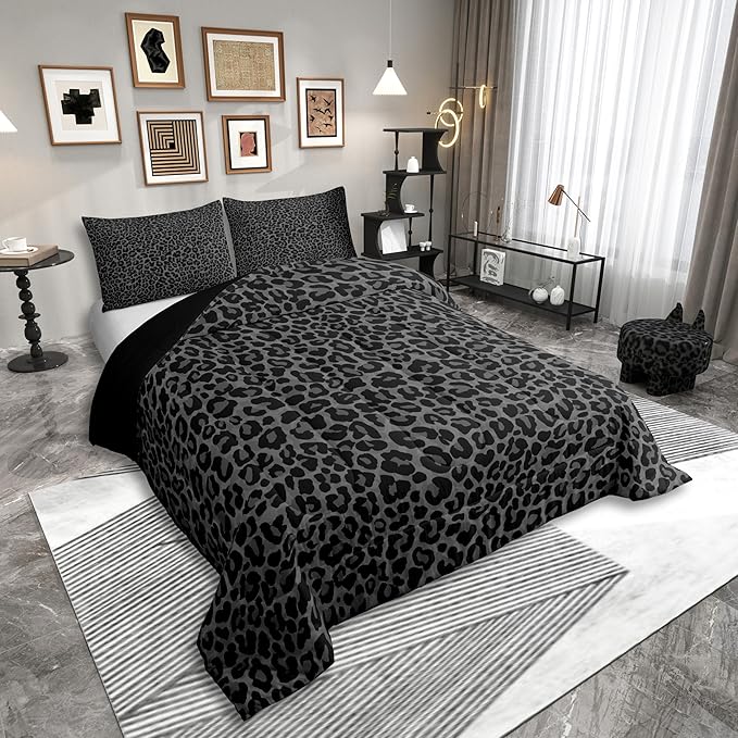 Erosebridal Cheetah Print King Size Comforter Set for Adult Women 3 Pieces Leopard Print Bedding Set for All Seasons African Animal Wildlife Cheetah Bed Set for Grils Room Decor,Modern Black Gray