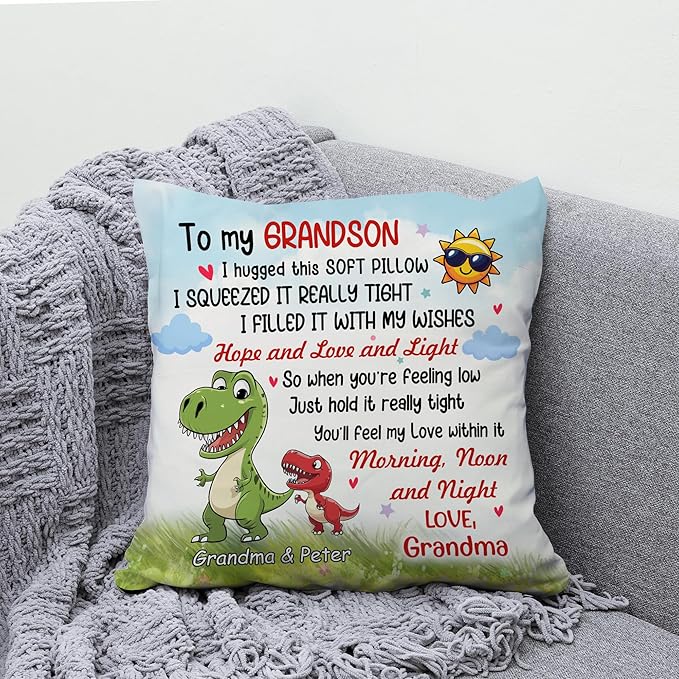 Hyturtle Personalized Grandson Pillow (Insert Included) Gifts from Grandma - Birthday Graduation for Grandson -Cute Dinosaur Custom Name Sofa Couch Cushion Home Decor Pillow