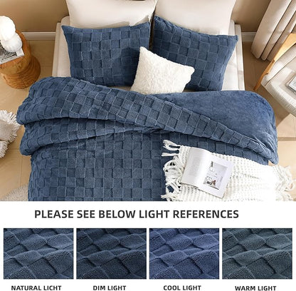 Litanika Fluffy Queen Size Comforter Set Ocean Blue, 3 Pieces Warm Sherpa Fleece Winter Bedding Set, Jacquard Checkered Plush Fuzzy Bed Set(1 Comforter, 2 Pillowcases)