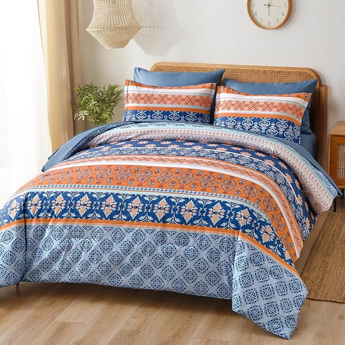 WONGS BEDDING Boho Comforter Set Queen, Blue and Orange Bedding Set 7 Pieces Bed in a Bag Bohemian Striped Bedding Comforter Sets Soft Microfiber Comfortet and Sheet Set for All Season