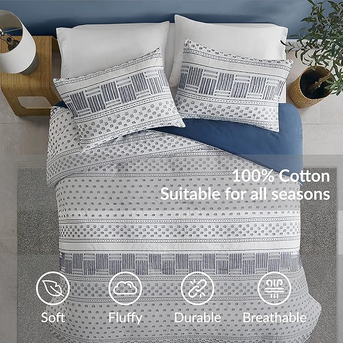 Hyde Lane Modern Navy Bedding, Blue Full/Queen Farmhouse Comforter Set, Cotton Top with Boho Style Clipped Jacquard Stripes, 3-Pieces Including Matching Pillow Shams (90 x 90 Inches)
