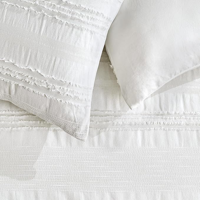 Wonderful White Comforter Set King, Clipped Jacquard Striped Cotton Lightweight Comforter with Pillow Shams, Fluffy Bedding Set for All Season