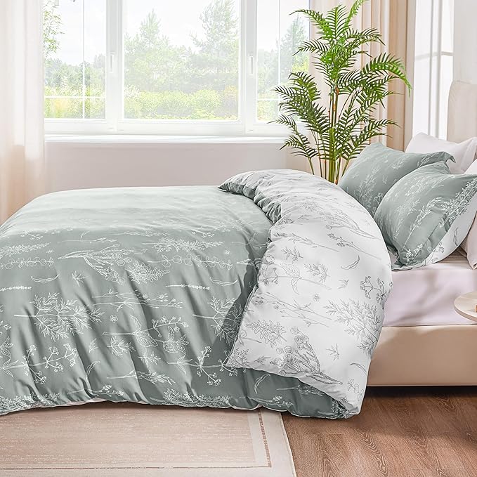 Love's cabin Grey King Comforter Set - King Size Comforter Set, 3 Pieces Cute Floral Bedding Sets for All Seasons,1 Soft Reversible Botanical Flowers Comforter and 2 Pillow Shams