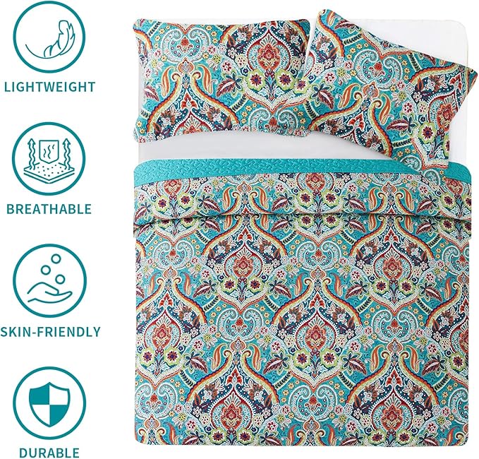 BEDIFANY Cotton Queen Quilt Set - Lightweight Queen Size Quilts Bedding Set for a Comfortable Sleep - Reversible Bedspread Coverlet (90 * 98 in) with Boho Pattern, 3 Pieces
