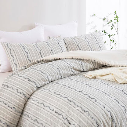 100% Cotton Jacquard Comforter Set, Striped Floral Print, Soft Lightweight Reversible 3 Piece Bedding Sets for All Season, Queen(90"x90")