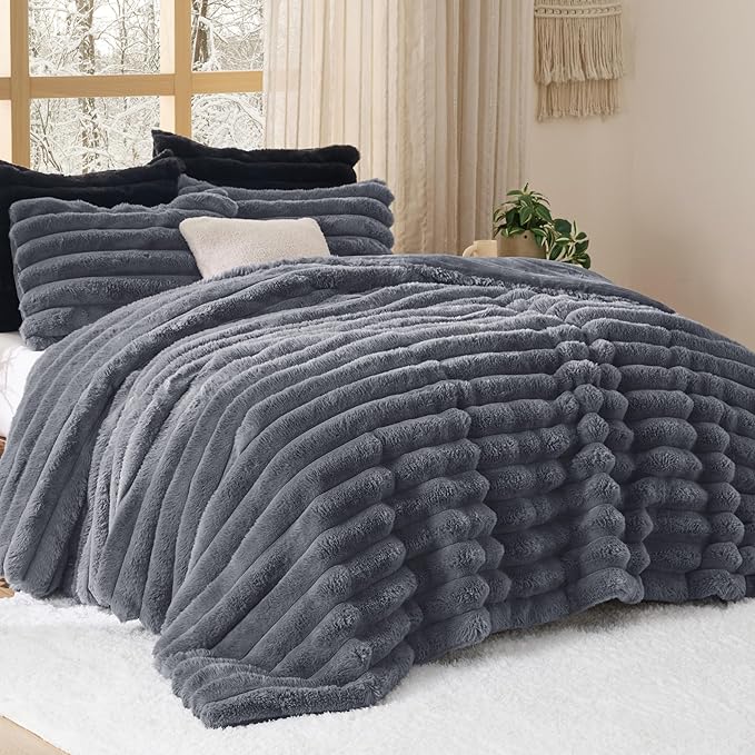 Bedsure Faux Fur King Size Comforter Set - Grey Fluffy Comforter King Size, Soft and Cozy Shaggy Winter Bedding Comforter Sets, Warm Luxury Fuzzy Bed Set 3 Pieces, 1 Comforter and 2 Pillowcases