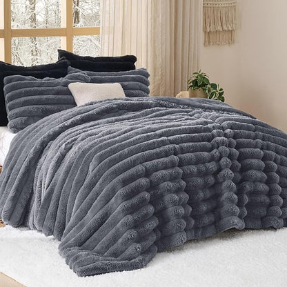 Bedsure Faux Fur King Size Comforter Set - Grey Fluffy Comforter King Size, Soft and Cozy Shaggy Winter Bedding Comforter Sets, Warm Luxury Fuzzy Bed Set 3 Pieces, 1 Comforter and 2 Pillowcases