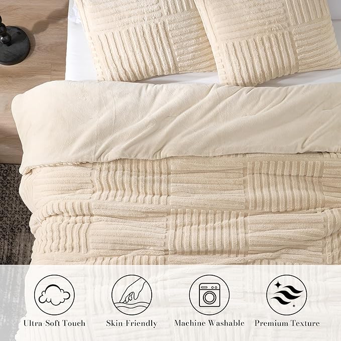 Amélie Home King Size Comforter Set with Stripe Jacquard Design, Khaki Fluffy King Bedding Set, Super Soft Plush Bedding Set for Winter,3 Pieces, 1 Soft Comforter and 2 Pillowcases