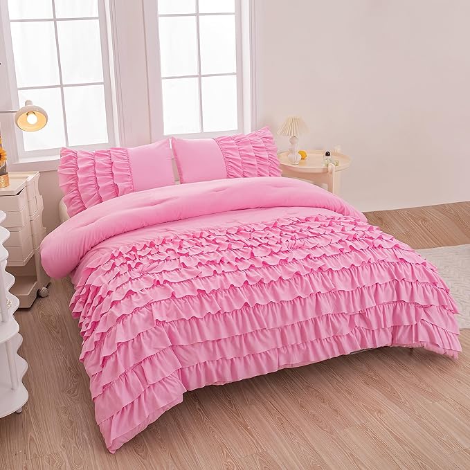 MWMWMW Full Size Comforter Set for Girls Kids, 3Pcs Pink Comforter Set Full, Blush Pink Princess Bedding, Vintage Soft Boho Chic Bedding for All Season