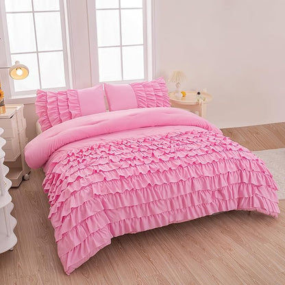 MWMWMW Full Size Comforter Set for Girls Kids, 3Pcs Pink Comforter Set Full, Blush Pink Princess Bedding, Vintage Soft Boho Chic Bedding for All Season