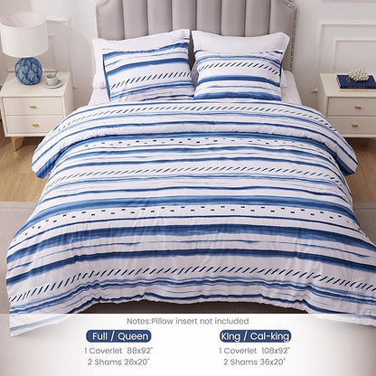 Sophia & William White and Blue Striped Comforter Set for All Season, 3 Pcs Cotton Bedding Comforter Set with Geometric Printed Comforter & 2 Pillowcases, King Size Lightweight Bedding Set