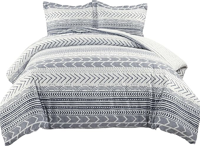 Lush Decor Hygge Geo Reversible 3 Piece Cotton Duvet Set, King, Navy & White