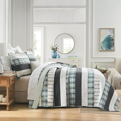 Homzard King Comforter，Cotton King Size Quilt，Teal Black Beige Bedding Set，Plaid Striped Bedspread，Lightweight Reversible Coverlet All Season 3 Pieces