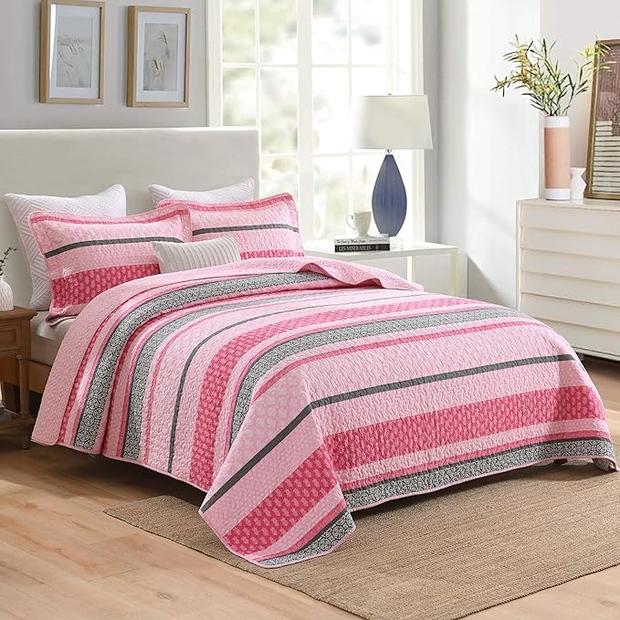 Homzard Quilts Queen Size, Cotton Comforter Set, Hot Pink Grey Queen Bed Set, Lightweight Striped Bedding, Farmhouse Bedspread All Season 3 Pieces