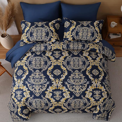 WONGS BEDDING Blue Gold Comforter Set King Size, Damask Texture 7 Pieces Bed in a Bag Microfiber Comforter Bedding Sets -1 Comforter, 1 Flat Sheet, 1 Fitted Sheet, 2 Pillow Shams, 2 Pillowcases