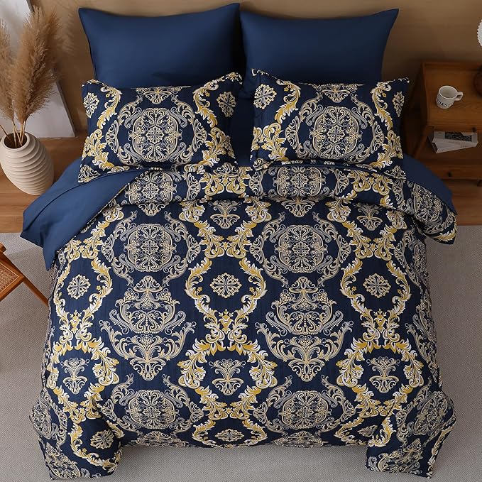 WONGS BEDDING Blue Gold Comforter Set Queen Size,Damask Texture 7 Pieces Bed in a Bag Microfiber Comforter Bedding Sets -1 Comforter, 1 Flat Sheet, 1 Fitted Sheet, 2 Pillow Shams, 2 Pillowcases