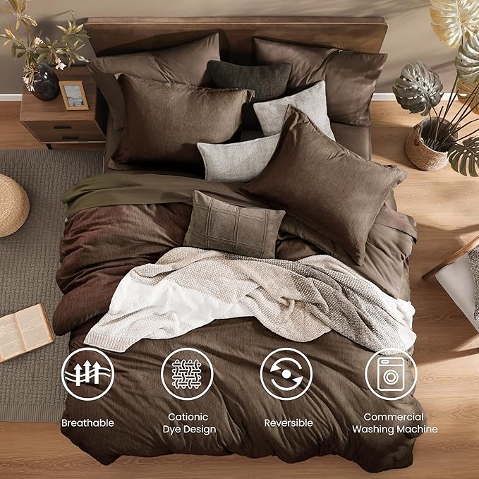 Monbix Queen Comforter Set - 7 Pieces Cationic Dyeing Chocolate Brown Bed in a Bag Queen Bedding Sets with Comforter, Sheets, Pillowcases & Shams, Reversible Bedding Comforters Sets