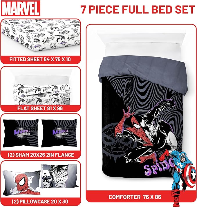 Jay Franco Kids Comforter Set Includes Sheets and Pillow Covers - Soft and Cozy Bed Set for Stylish Room Decor, Black - Marvel Comics, 7 Piece Full Size Bedding