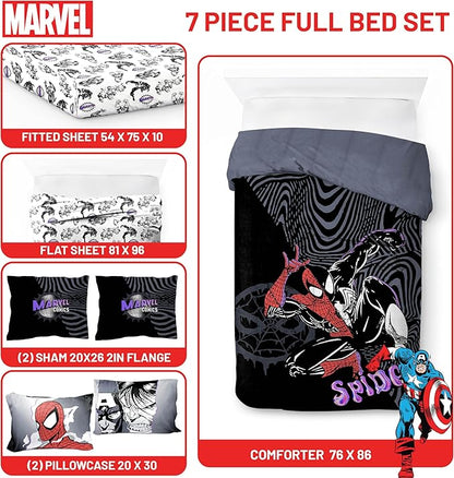 Jay Franco Kids Comforter Set Includes Sheets and Pillow Covers - Soft and Cozy Bed Set for Stylish Room Decor, Black - Marvel Comics, 7 Piece Full Size Bedding