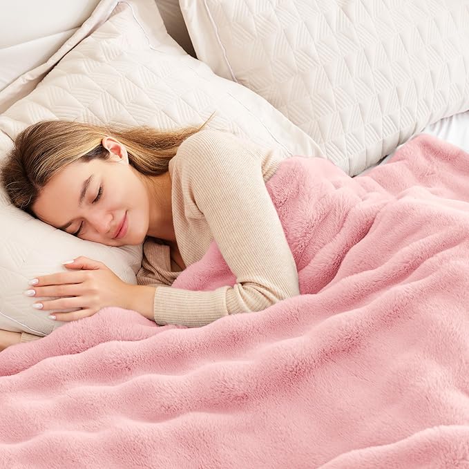 Touchat Luxury Faux Rabbit Fur Throw Blanket for Couch,Super Heavy Warm Cozy Blanket for Sofa Bedroom Living Room,Ultra Soft Fluffy Reversible Plush Blanket for Home Decor Gifts,Pink