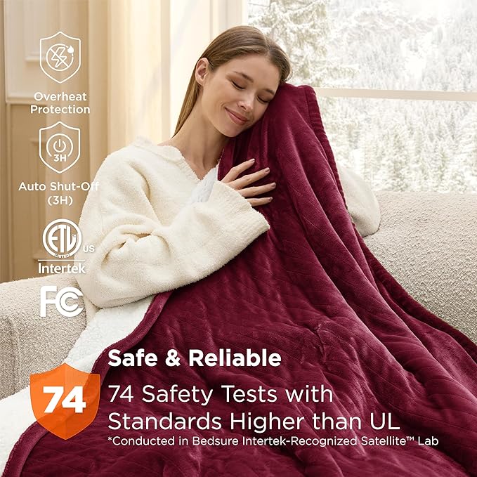 Bedsure Heated Blanket Throw Blanket - Fast Heating Electric Blanket, Soft Flannel Heated Throw with 4 Time Settings, 6 Heating Settings, Gifts for Grandma, Grandpa, Grandkids (50"x60", Burgundy)