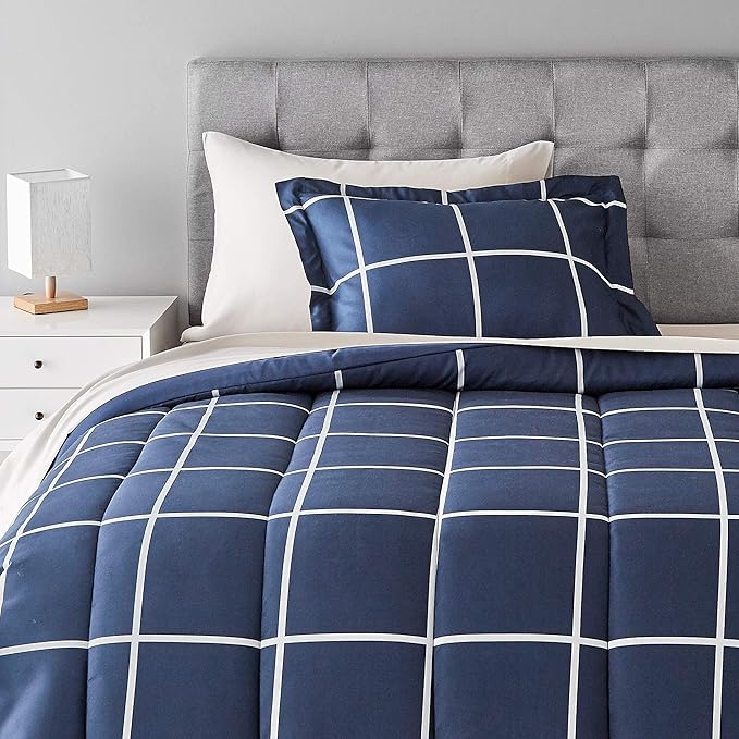 Amazon Basics 5-Piece Lightweight Microfiber Comforter Set with Sheets, Bed-in-a-Bag, Navy with Grey Plaid Bedding, Twin/Twin XL