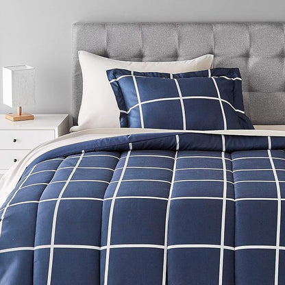 Amazon Basics 5-Piece Lightweight Microfiber Comforter Set with Sheets, Bed-in-a-Bag, Navy with Grey Plaid Bedding, Twin/Twin XL