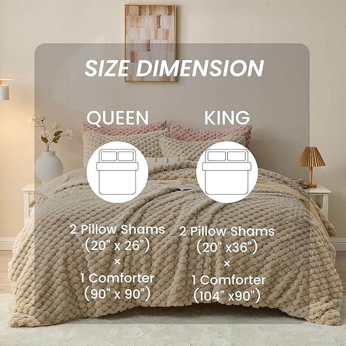 Simple&Opulence Fluffy Faux Fur Comforter Set, Plush Fuzzy Minky Bedding Set, 3 Pieces Warm Soft Comforter Bedding Set for Winter - 1 Shaggy Comforter with 2 Pillow Shams(Queen, Grid - Khaki)
