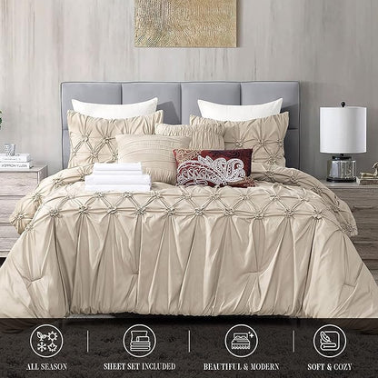 Elegant Comfort 12-Piece Bed-in-a-Bag, Ella Pleated Ruched Pintuck Comforter Set, 6-Piece Sheet Set Featuring Smart Pockets, Matching Decorative Pillows, All Season Bedding, California King, Linen