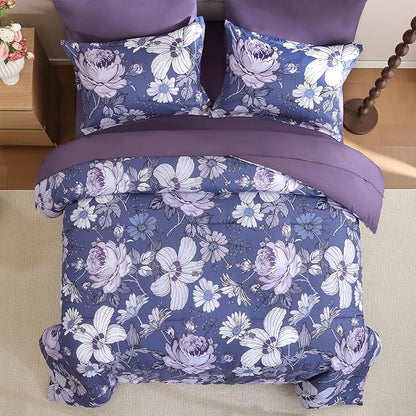 Luxudecor Queen Comforter Set 7 Pieces Bedding Sets,Grayish Purple Floral Comforter and Sheet Set, Soft Microfiber Bed in a Bag for All Seasons (Grayish Purple,90"x90")