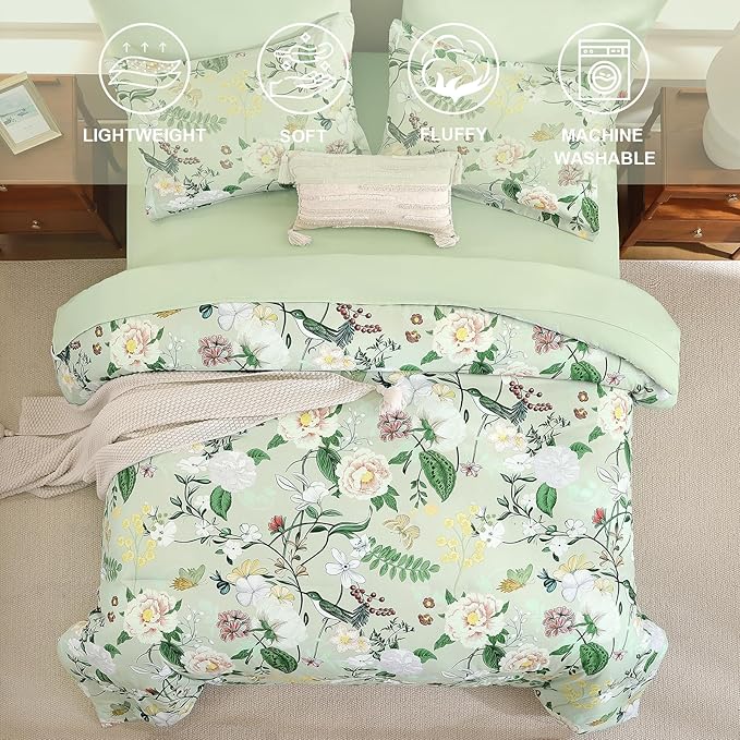 Anibedding 7Pieces Floral King Size Comforter Set, Green Garden Plant Style Bed in a Bag Flower Bedding with Pillow Case for Bedroom