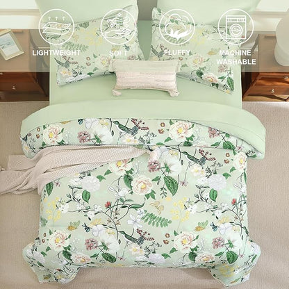 Anibedding 7Pieces Floral Queen Size Comforter Set, Green Garden Plant Style Bed in a Bag Flower Bedding with Pillow Case for Bedroom