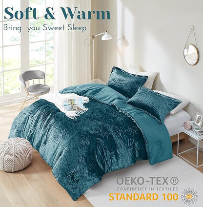 Comfort Spaces Juliette Luxe Comforter Set Velvet Lush with Soft Brushed Microfiber Reverse, All Season Cozy Velvet Bedding Sets, Fluffy Comforter Bed Set, Matching Sham, Teal King 3 Piece