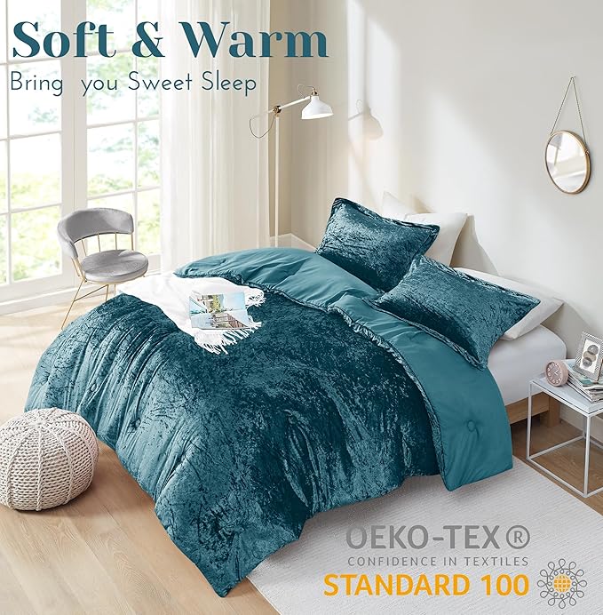 Comfort Spaces Juliette Luxe Comforter Set Velvet Lush with Soft Brushed Microfiber Reverse, All Season Cozy Velvet Bedding Sets, Fluffy Comforter Bed Set, Matching Sham, Teal Full/Queen 3 Piece