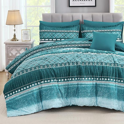 WONGS BEDDING 8 Piece King Size Comforter Set, Teal Texture Striped Bed in a Bag Comforter and Sheet Set, Boho Lightweight Microfiber Bedding Set for All Season (90"×104")