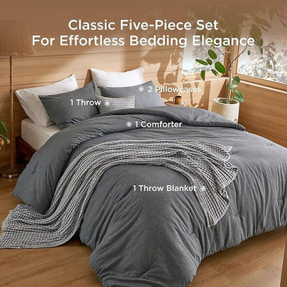 Bedsure 5 Pieces Cotton Comforter Set with Cotton Waffle Throw Blanket - Dark Grey Queen Comforter, Pillow Shams, Grey Cooling Blanket of Rayon Derived from Bamboo for Hot Sleepers, Throw Pillow
