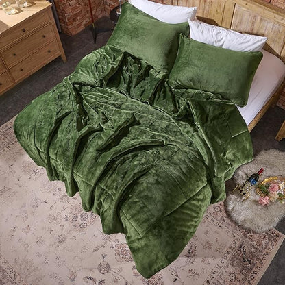 Lotus Karen Comforter Set Full - Ultra Soft & Warm Velvet Dark Green Comforter Set for Men Women - Cozy Fuzzy Plush Fluffy Luxury Bedding Set 3 Pieces (1 Comforter and 2 Pillowcases)