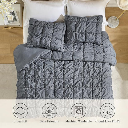 Amélie Home King Comforter Set, 3 Pieces Grey Bubble Bedding Set for All Season, Ultra Soft Cozy Comforter, Farmhouse Luxury Gift for Women Home Decor