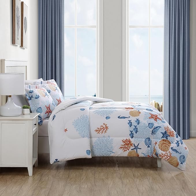 Caribbean Joe King 3-Piece Comforter Set, Tropical Coastal Beach Design Bedding, Seashells
