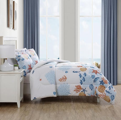 Caribbean Joe King 3-Piece Comforter Set, Tropical Coastal Beach Design Bedding, Seashells
