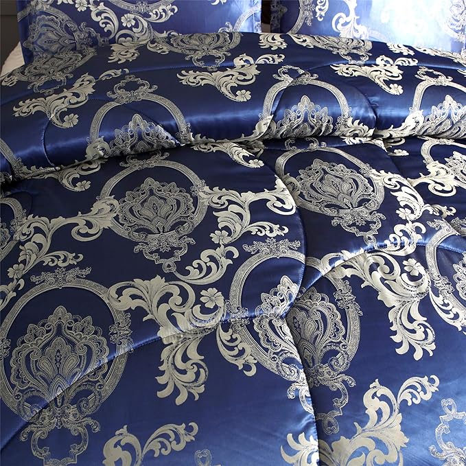 King Comforter Set Silk Blanket All Season Bed Comforter King Set Royal Blue Jacquard Quilt Soft Microfiber Bedding Sets Matching 2 Pillow Shams(King, 104x90 inches)
