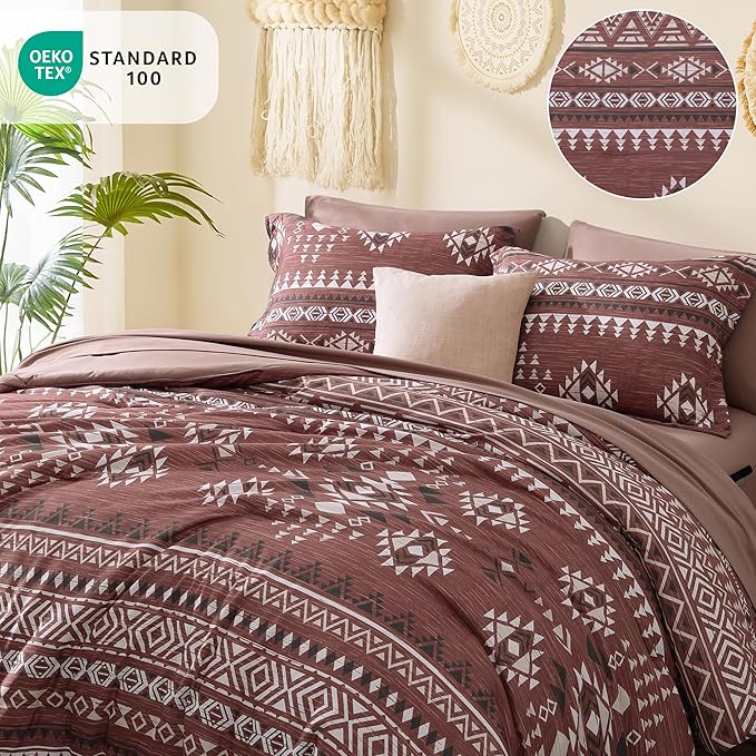 Geniospin King Size Comforter Set- 7 Pieces Boho Bed in a Bag, Western Bedding Set for All Seasons, Soft Aztec Bedding, Lightweight Comforter Bed Set with Sheets, Pillowcases & Shams