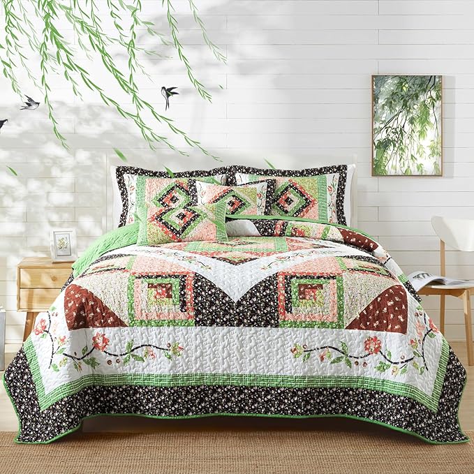 BEDIFANY Queen Size Quilt Set - Lightweight Cotton Filling Bedspread Queen Size (90 x 98 Inch) Coverlet Set - Floral Queen Quilt Bedding Sets for Bed Decorations - All Seasons, 3 Pieces - Green
