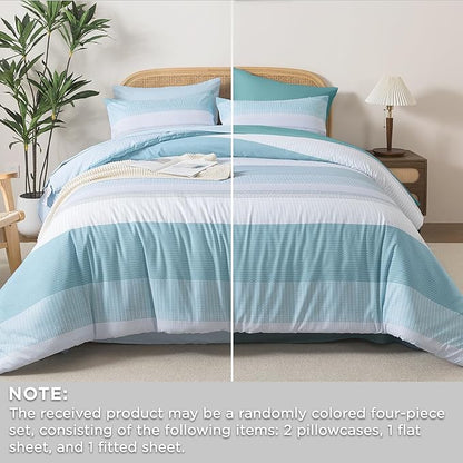 Andency King Size Comforter Set Light Blue - 7 Pieces Striped Lightweight Bed in a Bag, Soft Microfiber Reversible Bedding Set with Comforter, Fitted & Flat Sheet, Pillowcases & Shams