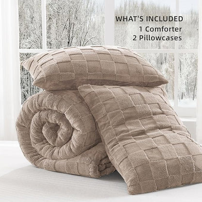Litanika Fluffy Twin Size Comforter Set Khaki, 3 Pieces Warm Sherpa Fleece Winter Bedding Set, Jacquard Checkered Plush Fuzzy Bed Set(1 Comforter, 2 Pillowcases)