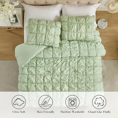 Amélie Home Twin Comforter Set, 2 Pieces Sage Green Bubble Bedding Set for All Season, Ultra Soft Cozy Comforter, Farmhouse Luxury Gift for Women Home Decor