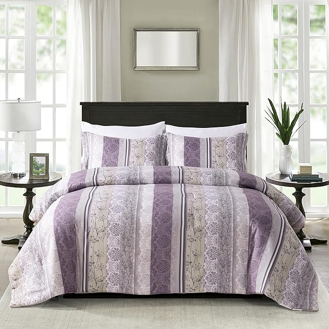 Sunshine Nicole Soft Brushed Microfiber Comforter Set, 7 Pieces King, with Light Weight Soft Poly Fill, Printed Purple Grey Florals Face with Light Grey Reverse