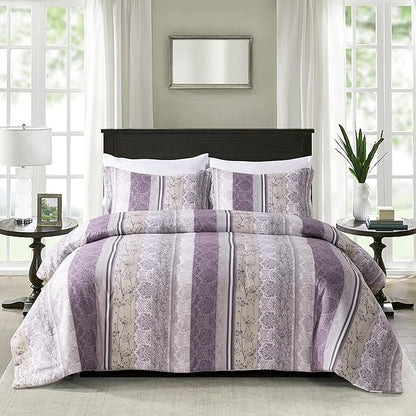 Sunshine Nicole Soft Brushed Microfiber Comforter Set, 7 Pieces King, with Light Weight Soft Poly Fill, Printed Purple Grey Florals Face with Light Grey Reverse